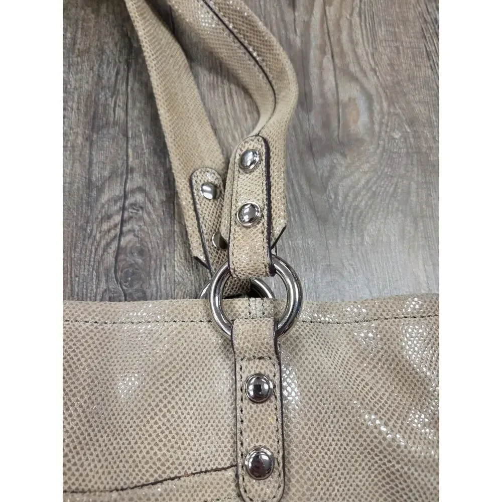 B. MAKOWSKI Tan Shimmer 100% Leather Logo Women Handbag Purse Tote Shoulder Bag